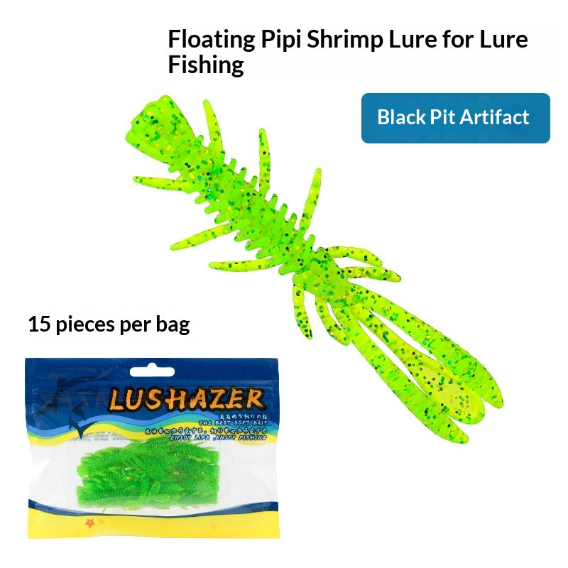 15Pcs Floating Salty Scent Pipi Shrimp Soft Lures 6cm, TPE Bionic Bait for Black Pit Fishing