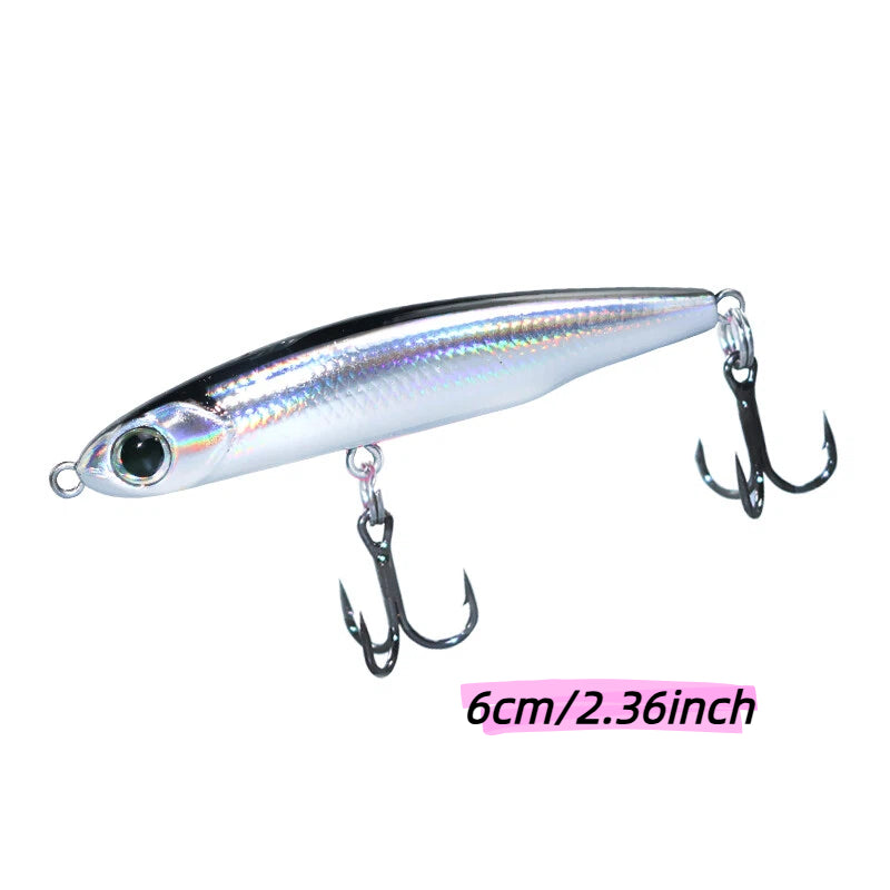 Mini silver fish style sinking pencil lure, micro fishing design, full water layer available, available in 8g and 13g. Long-cast road fishing hard bait, ideal for catching topmouth culter, suitable for all water depths.