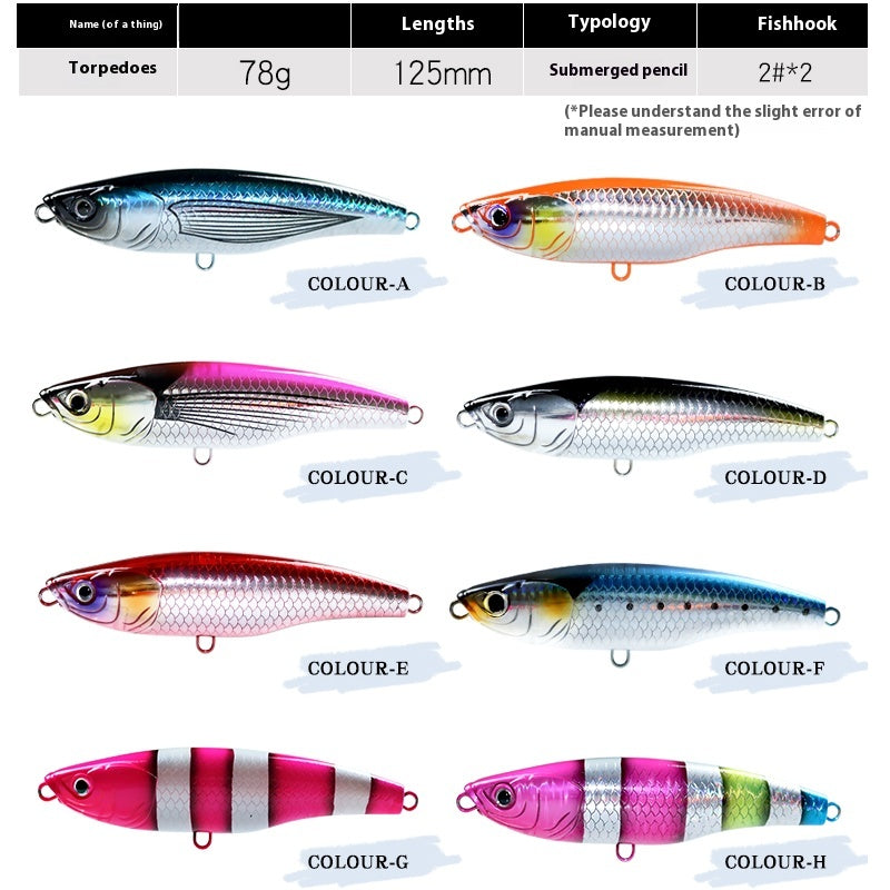 Sea fishing submerged pencil 125mm boat fishing big object Luya bait 78g far throw fake bait golden gun Pingzheng bait