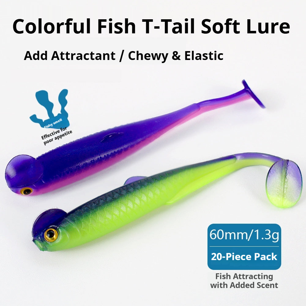 20Pcs Scented Multi-Color T-Tail Grub Soft Lures, Soft Worms for Jig Head, Black Pit & Wild Fishing