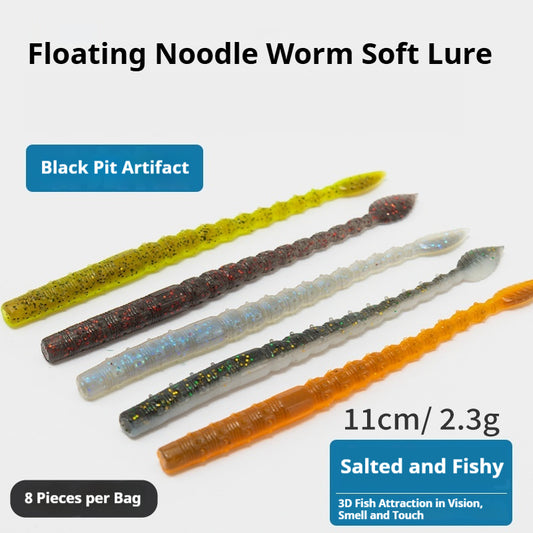 8pcs 12cm Floating Straight-Tail Noodle Worm Soft Lure - Salted & Scented Finesse Bait for Bass & Perch