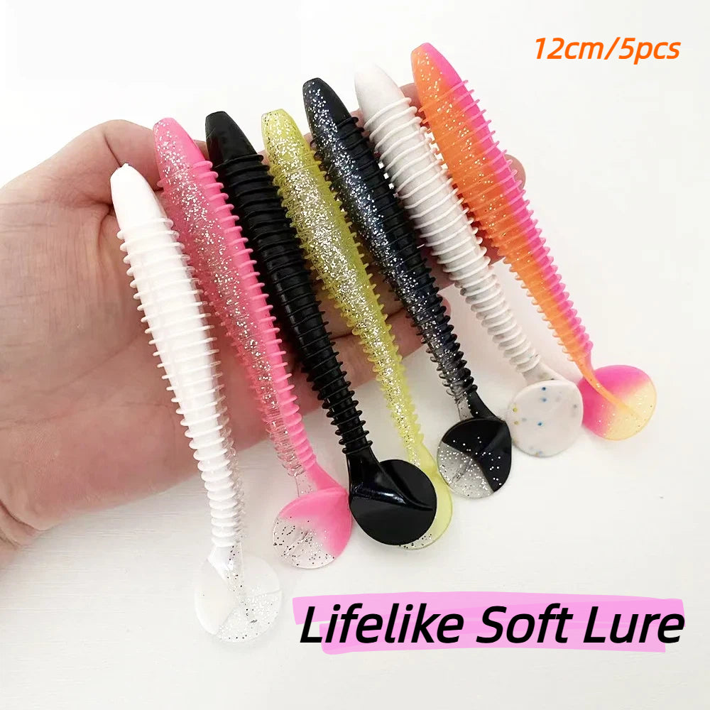 5PCS 12CM Threaded T-Tail Soft Bait | Helical Tail for Vibration & All-Water Level Fishing | Multi-Color Options