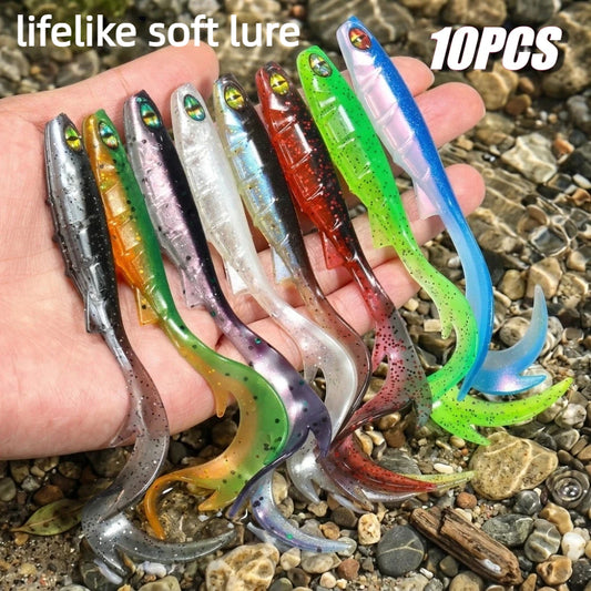 10PCS Lifelike Soft Swimbait Lure with 3D Eyes & Curly Tail - Ribbed Body Soft Plastic Bait for Bass Pike Trout Freshwater & Saltwater Fishing