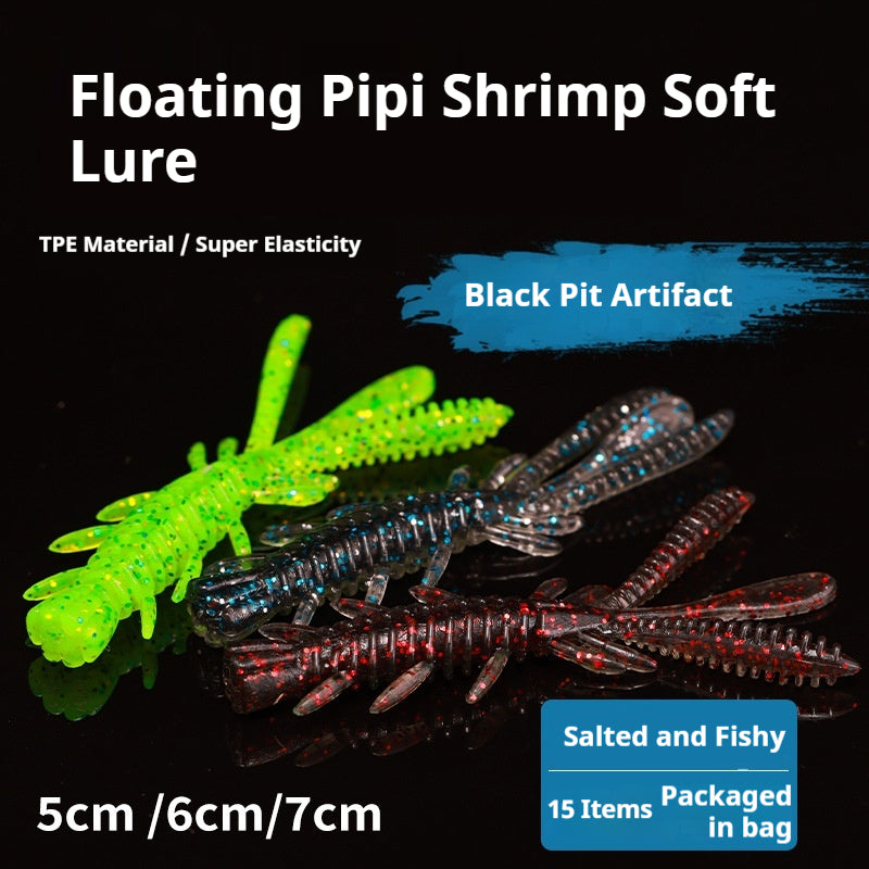 15Pcs Floating Salty Scent Pipi Shrimp Soft Lures 6cm, TPE Bionic Bait for Black Pit Fishing