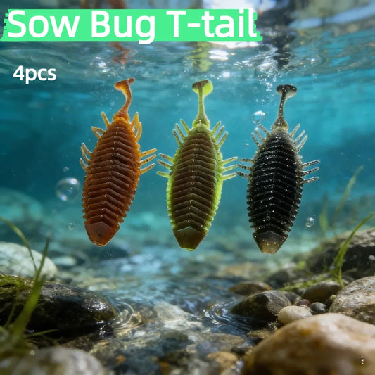4PCS 7.5cm Sow Bug T-tail, Highly Active Mimicry, Ideal for Finesse Fishing, Slow-sinking & Twitching Action, Soft Lure.