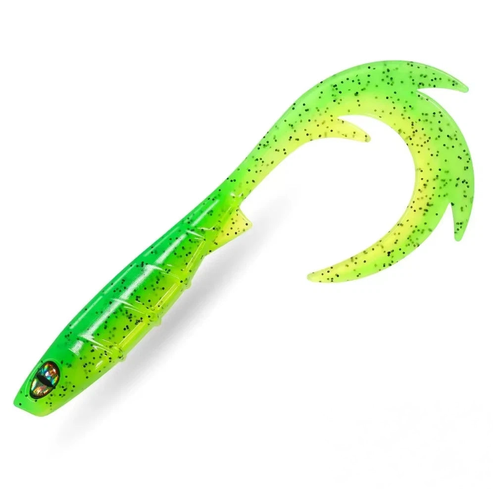 10PCS Lifelike Soft Swimbait Lure with 3D Eyes & Curly Tail - Ribbed Body Soft Plastic Bait for Bass Pike Trout Freshwater & Saltwater Fishing
