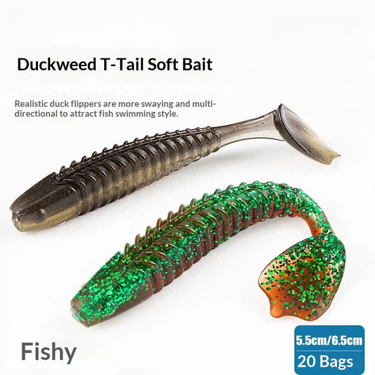 20Pcs Ribbed T-tail Soft Bait Slow Sinking Soft Plastic Swimbait Artificial Lure for Bass Trout Freshwater Fishing