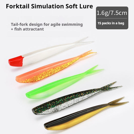 15Pcs Split Tail Soft Fishing Lures, Bionic Soft Baits for Bass & Topmouth Culter, Black Pit Fishing