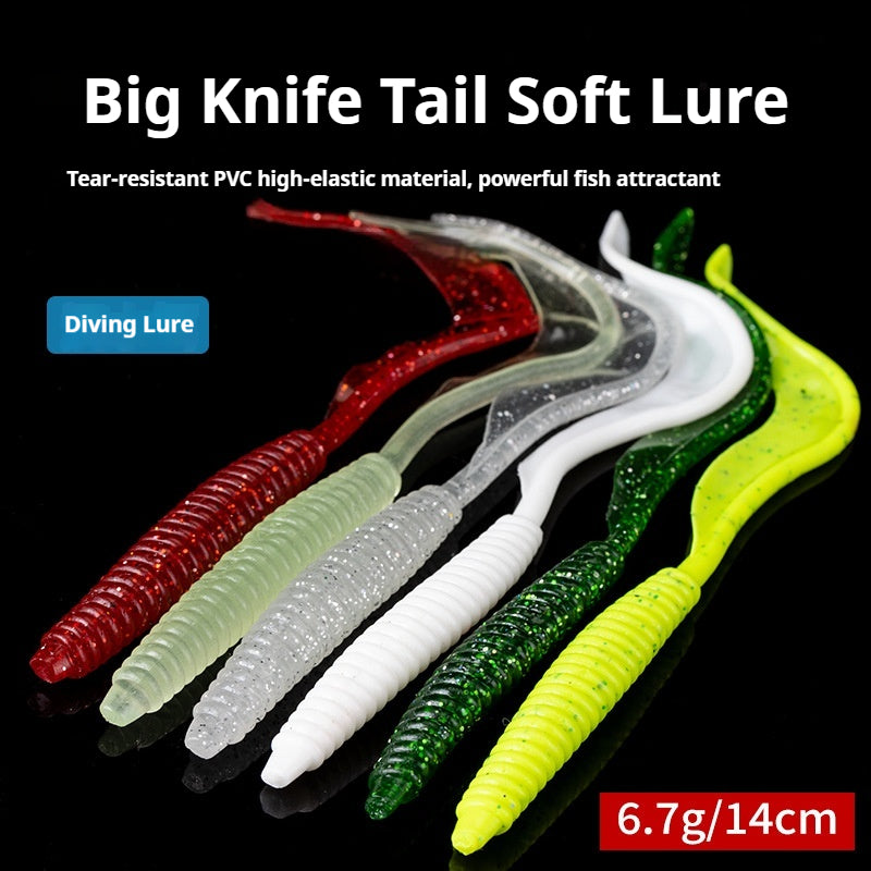5Pcs Big Curly Tail Soft Worm Lures, Bionic Soft Baits for Bigmouth Bass & Blackhead Fish, Black Pit Fishing