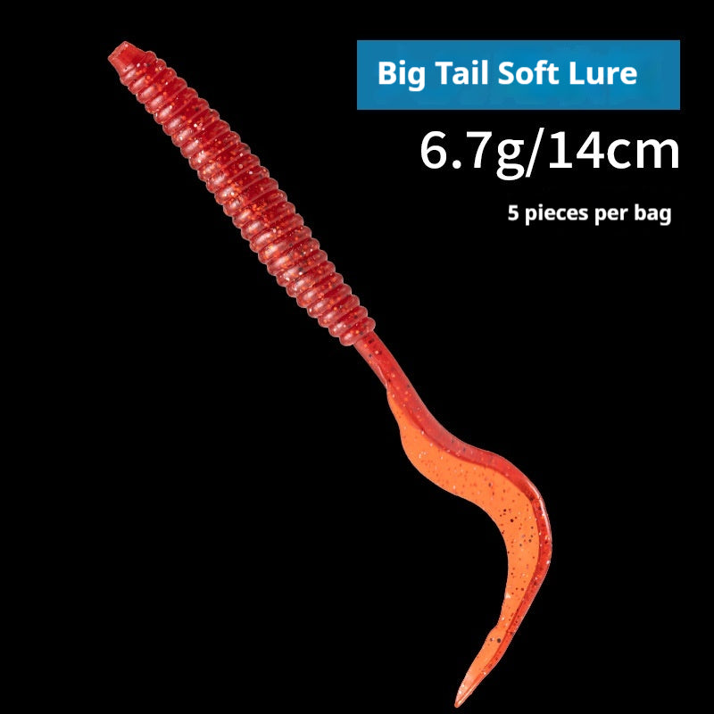 5Pcs Big Curly Tail Soft Worm Lures, Bionic Soft Baits for Bigmouth Bass & Blackhead Fish, Black Pit Fishing