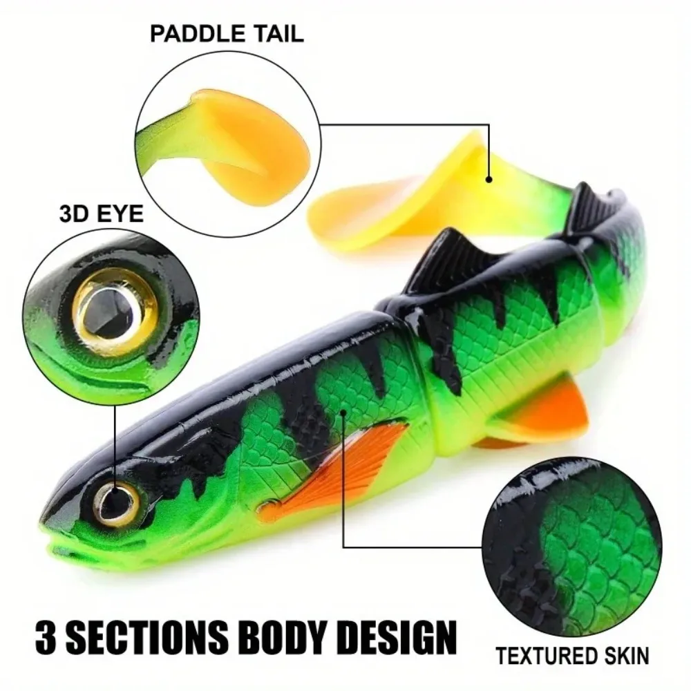 1PC 22cm T-Tail 3-Jointed Soft Swimbait – Slow Sink Long Cast Fishing Lure, Big Paddle Tail Realistic Swimming Action for Pike