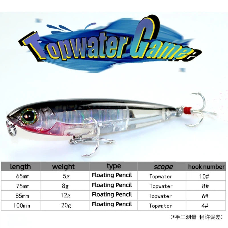 Internal laser fake bait, long-cast topwater type, 5g & 8g available. Zigzag dog lure, floating pencil hard bait, perfect for topmouth culter and bass.
