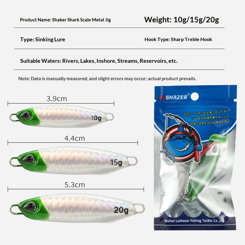 1Pcs/5Pcs Shaker Shark Scale Metal Jig 10g/15g/20g Sinking Lure Dual Hook Artificial Hard Bait for Pike Bass Trout