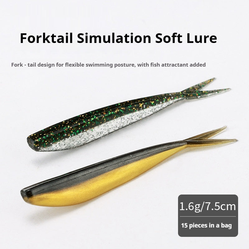 15Pcs Split Tail Soft Fishing Lures, Bionic Soft Baits for Bass & Topmouth Culter, Black Pit Fishing