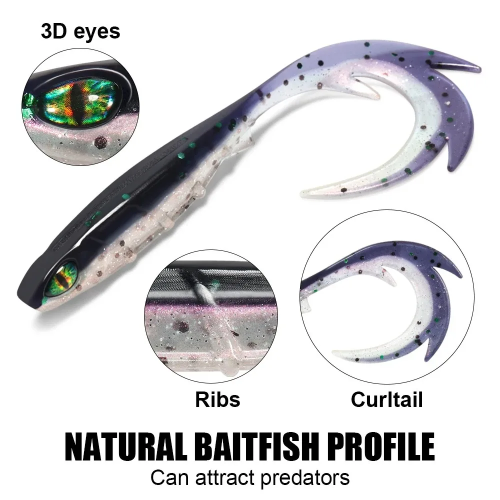 10PCS Lifelike Soft Swimbait Lure with 3D Eyes & Curly Tail - Ribbed Body Soft Plastic Bait for Bass Pike Trout Freshwater & Saltwater Fishing