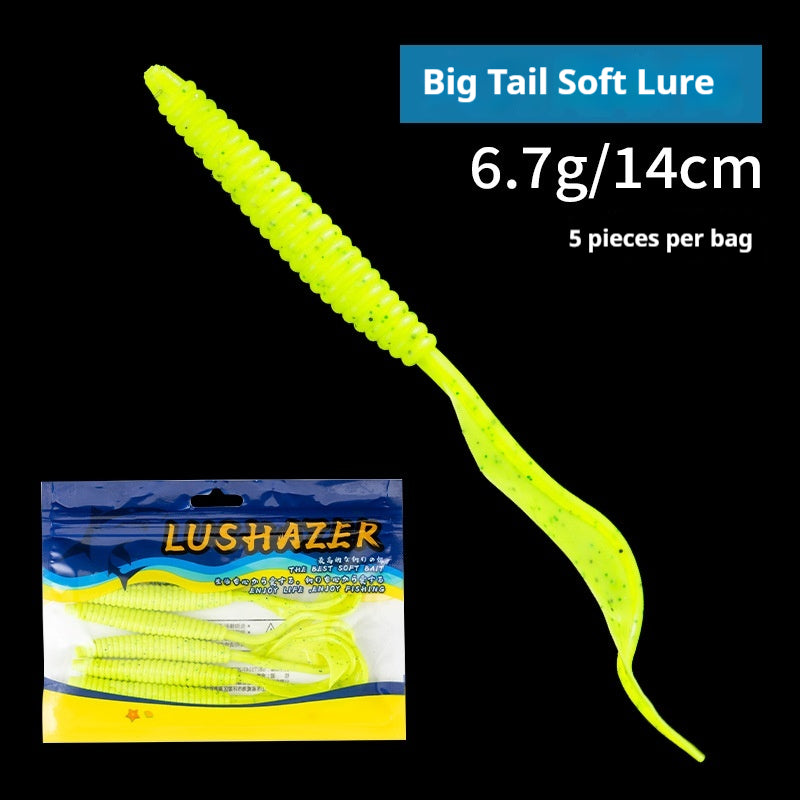 5Pcs Big Curly Tail Soft Worm Lures, Bionic Soft Baits for Bigmouth Bass & Blackhead Fish, Black Pit Fishing