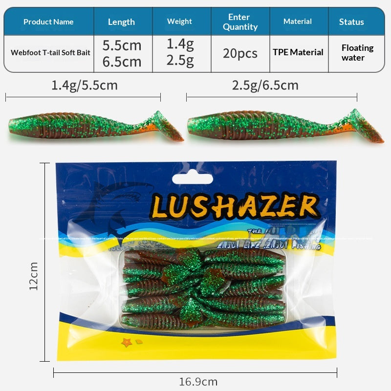 20Pcs Ribbed T-tail Soft Bait Slow Sinking Soft Plastic Swimbait Artificial Lure for Bass Trout Freshwater Fishing