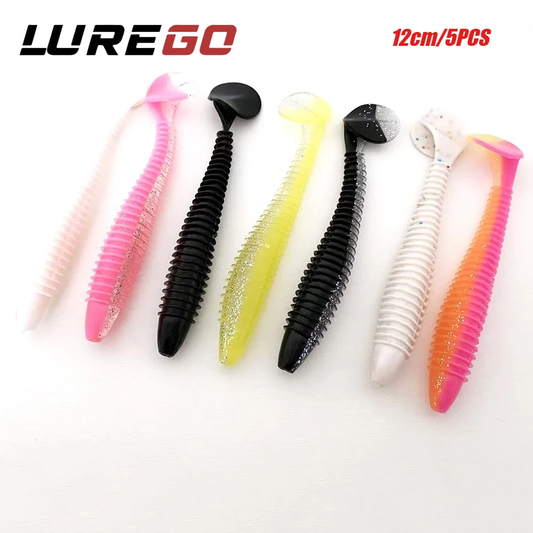 5PCS 12CM Threaded T-Tail Soft Bait | Helical Tail for Vibration & All-Water Level Fishing | Multi-Color Options