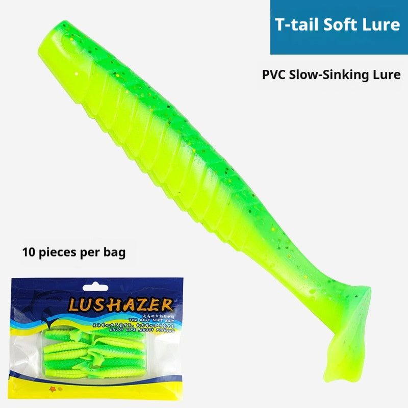 10Pcs Duck Foot T-Tail Soft Lures, Two-Color Threaded Swim Baits Long Cast for Bass & Topmouth Culter