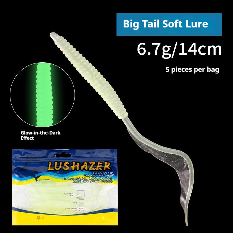 5Pcs Big Curly Tail Soft Worm Lures, Bionic Soft Baits for Bigmouth Bass & Blackhead Fish, Black Pit Fishing