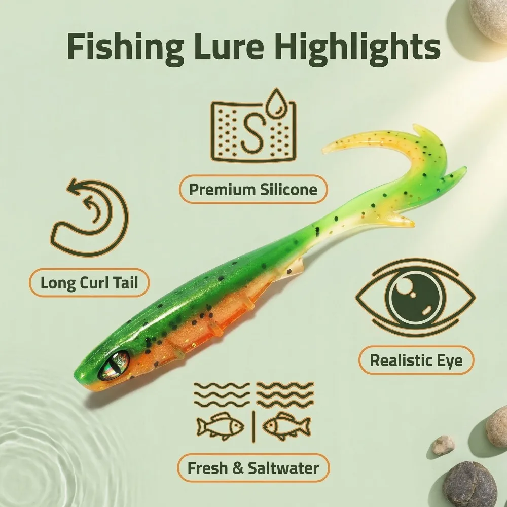 10PCS Lifelike Soft Swimbait Lure with 3D Eyes & Curly Tail - Ribbed Body Soft Plastic Bait for Bass Pike Trout Freshwater & Saltwater Fishing