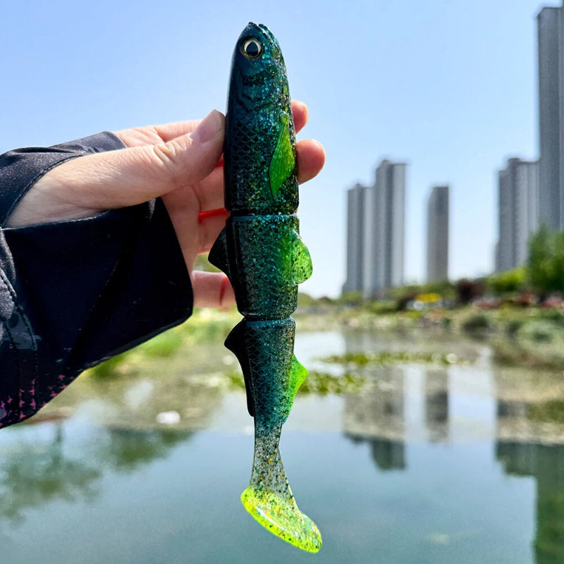 1PC 22cm T-Tail 3-Jointed Soft Swimbait – Slow Sink Long Cast Fishing Lure, Big Paddle Tail Realistic Swimming Action for Pike