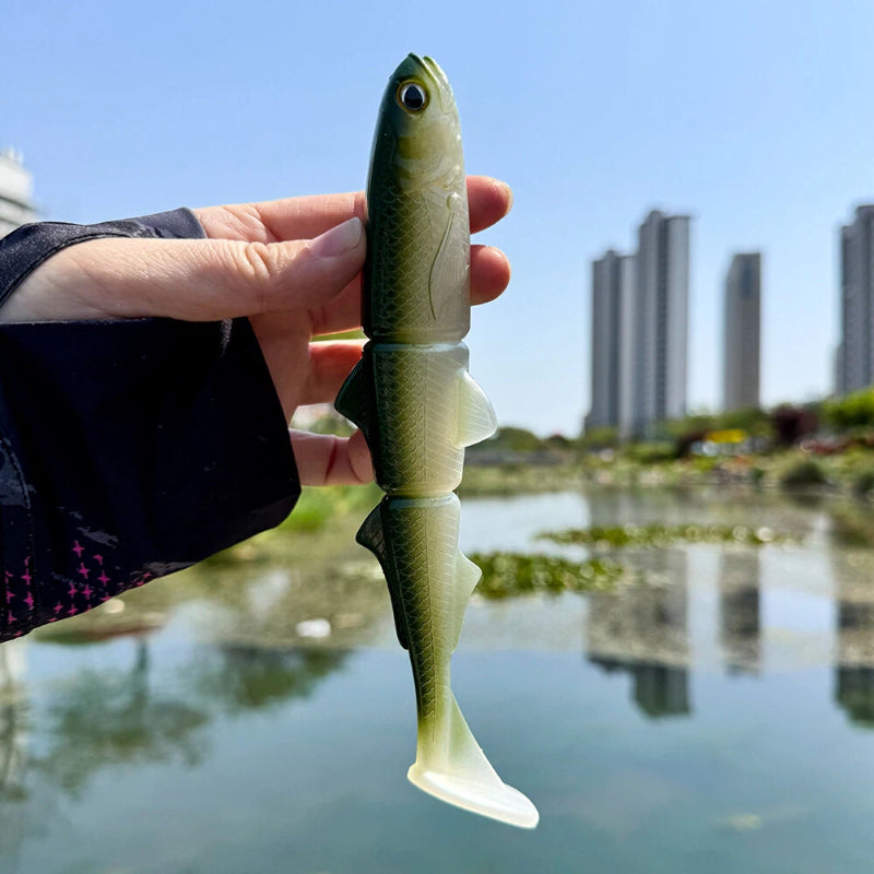 1PC 22cm T-Tail 3-Jointed Soft Swimbait – Slow Sink Long Cast Fishing Lure, Big Paddle Tail Realistic Swimming Action for Pike