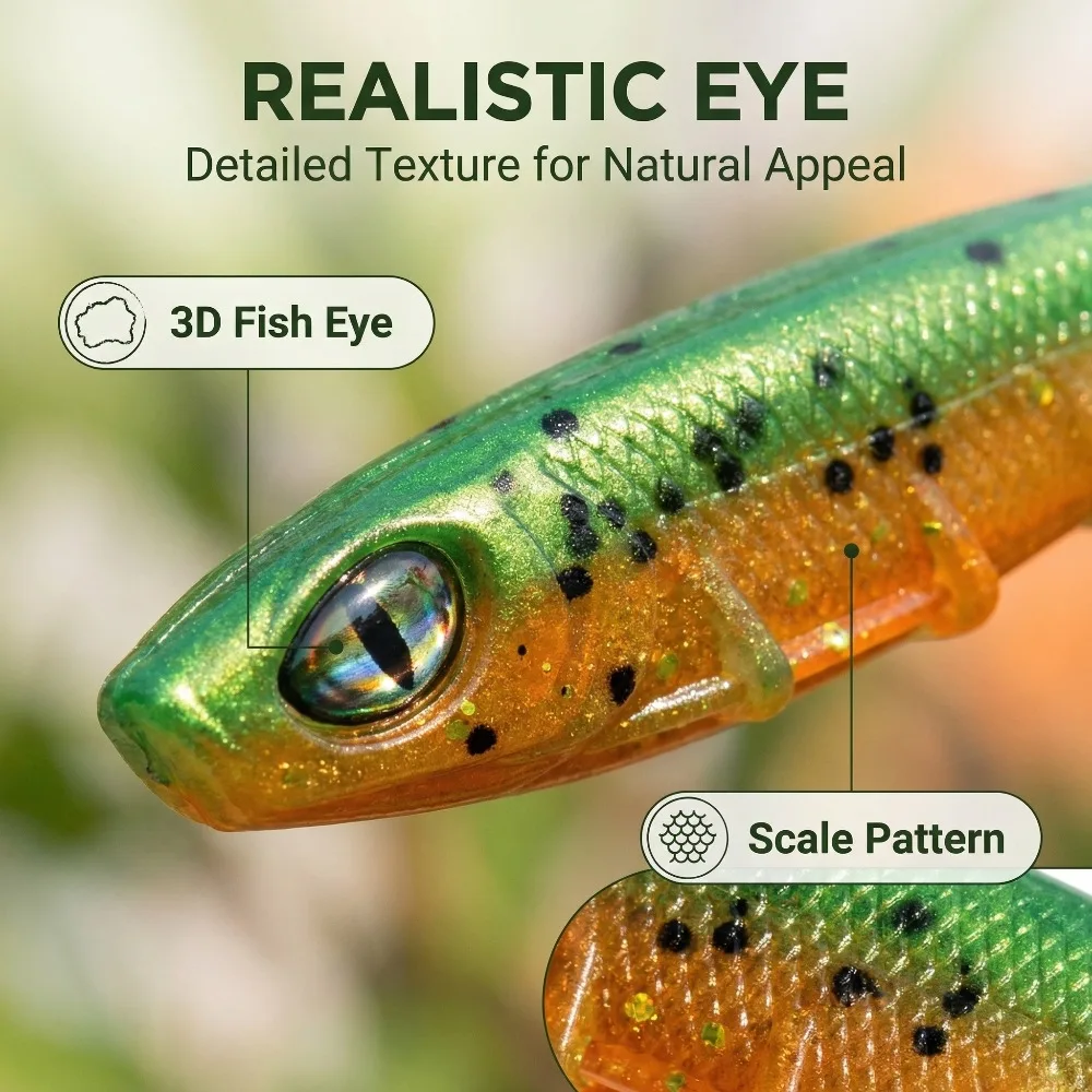 10PCS Lifelike Soft Swimbait Lure with 3D Eyes & Curly Tail - Ribbed Body Soft Plastic Bait for Bass Pike Trout Freshwater & Saltwater Fishing