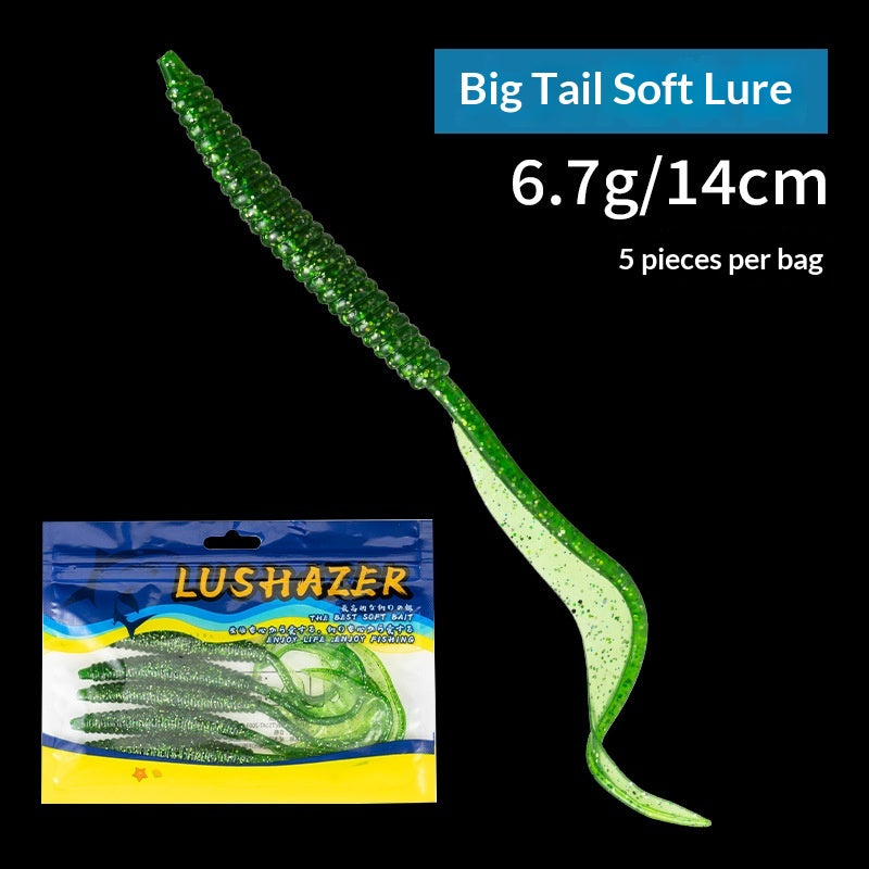 5Pcs Big Curly Tail Soft Worm Lures, Bionic Soft Baits for Bigmouth Bass & Blackhead Fish, Black Pit Fishing