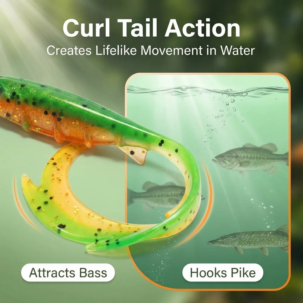 10PCS Lifelike Soft Swimbait Lure with 3D Eyes & Curly Tail - Ribbed Body Soft Plastic Bait for Bass Pike Trout Freshwater & Saltwater Fishing