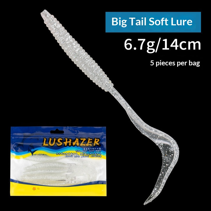 5Pcs Big Curly Tail Soft Worm Lures, Bionic Soft Baits for Bigmouth Bass & Blackhead Fish, Black Pit Fishing