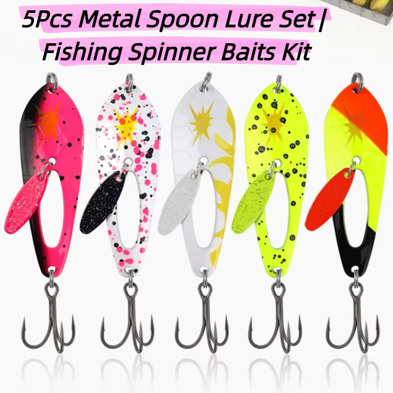 5Pcs Metal Spoon Spinner Lure Set Long Casting Hard Bait Wobbler Crankbait Freshwater Saltwater Fishing Tackle for Pike Bass Trout